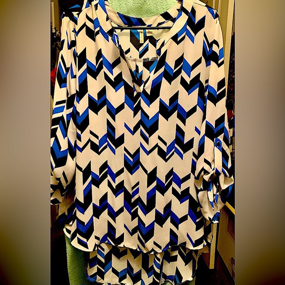 Cato Blue and Black Graphic Tie Front Blouse
